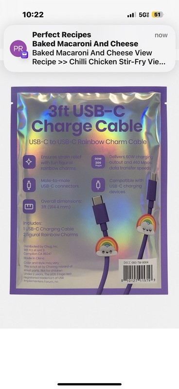 USB-C To USB-C Charging Cable W/Rainbow - Strain Relief Built In - Purple gallery