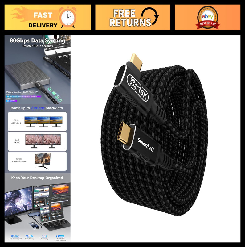 10ft USB 5 Cable 90° Right Angle, Nylon Braided, 80Gbps Data Transfer, 8K/16K Vi