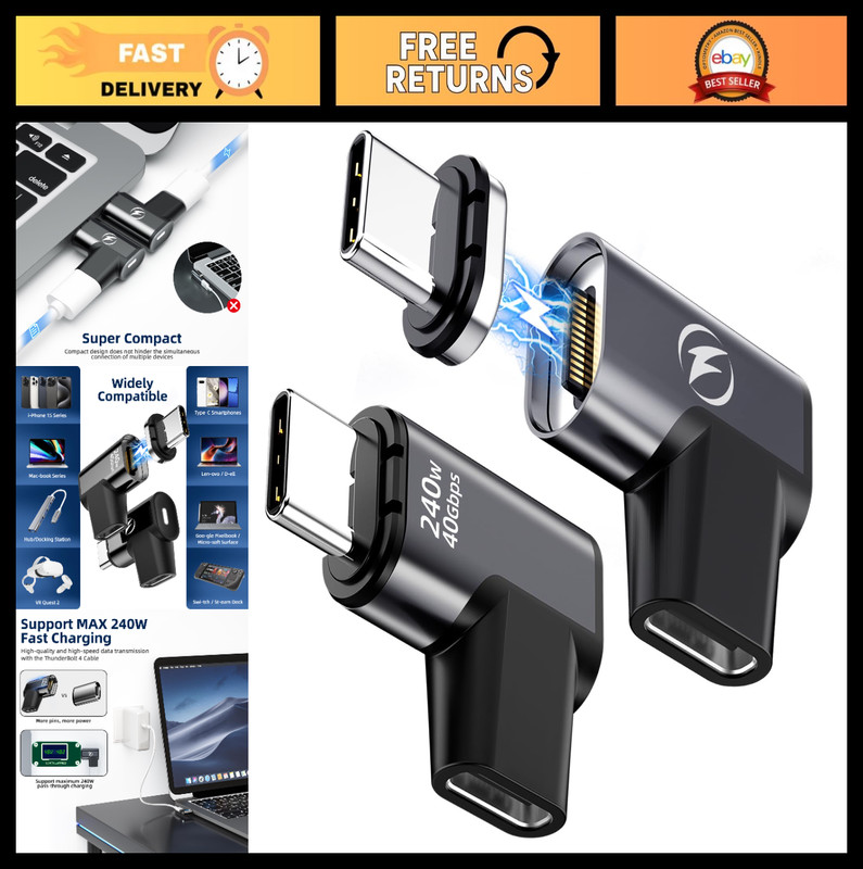 240W Magnetic USB C Adapter (2 Pack) Right Angle 24Pin, 40Gbps 8K 60Hz for Type