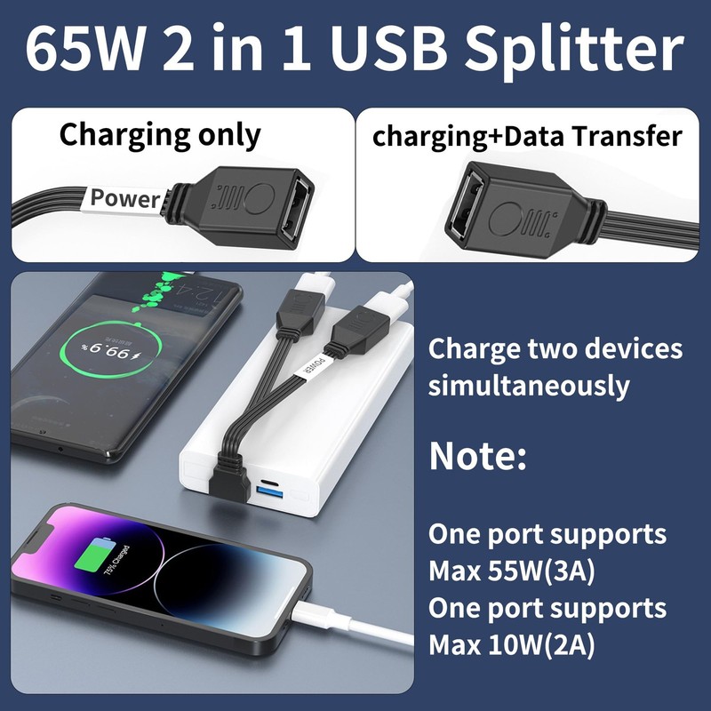 USB Splitter Cable 1 In 2 Out 90 Degree 2.0 A Male Dual Female Hub 10cm gallery