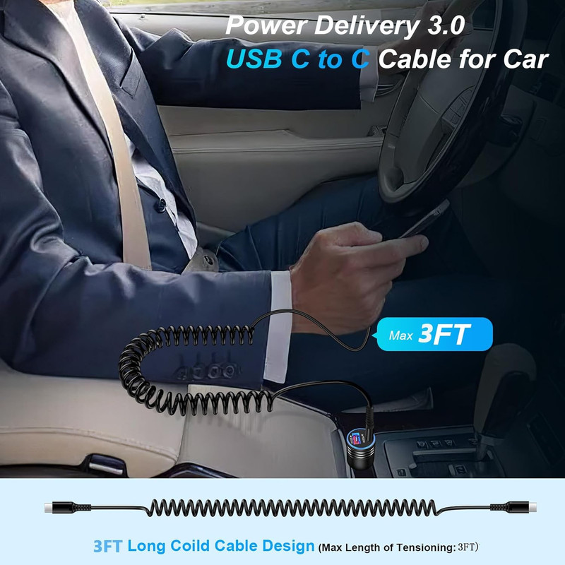 Android Auto USB C to USB C Cable 3FT Type C Fast Charging Coiled Samsung Charge gallery