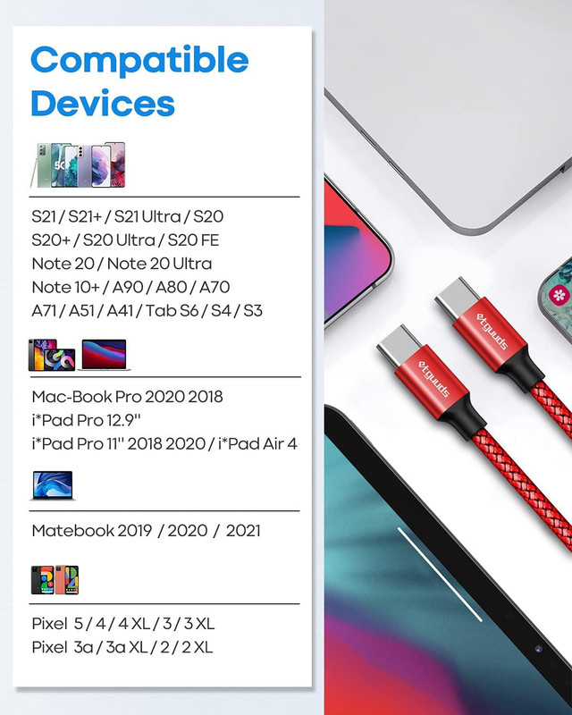 Cable USB C a USB C de 90 cm (3 pies), paquete de 2, cable USB C a USB C de 60 W gallery