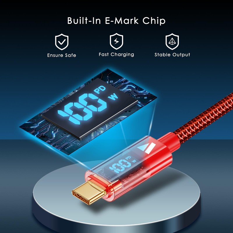 6.6ft/200cm Type C Cable with LED Display 5A PD 100W Fast Charging Red gallery