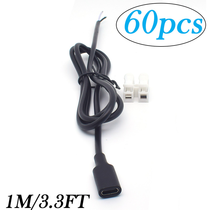 60pcs 22AWG 1M/3.3FT USB Type-C Female to 2-Pin Bare Wire 5V 3A DIY Repair Cable