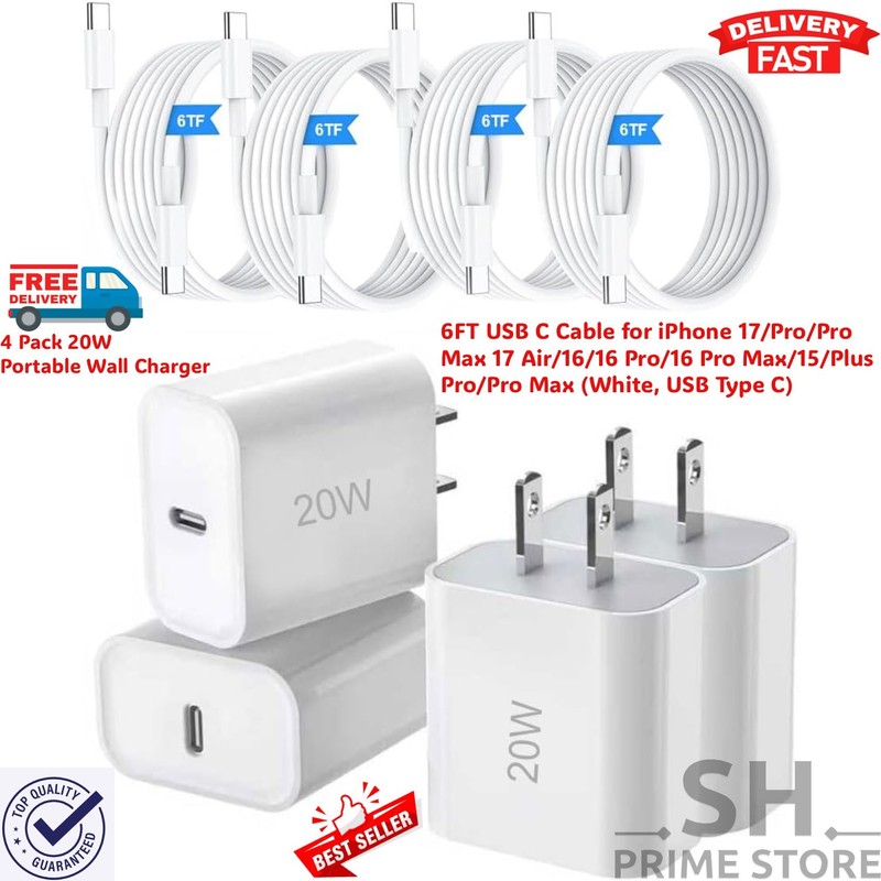4 Original Carga Rapida USB-C De 20W Cargador Para iPhone 17 16 15 Pro Max Plus