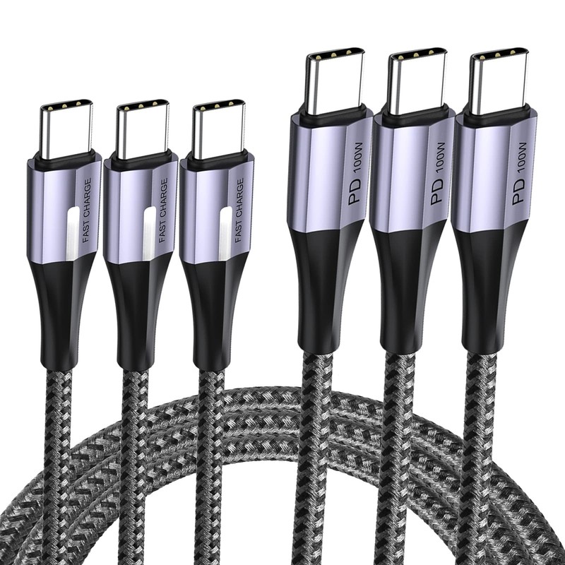 100W Type C to Type C Cable, 5A Fast Charging (3-Pack 6.6 Feet) Nylon Braided...