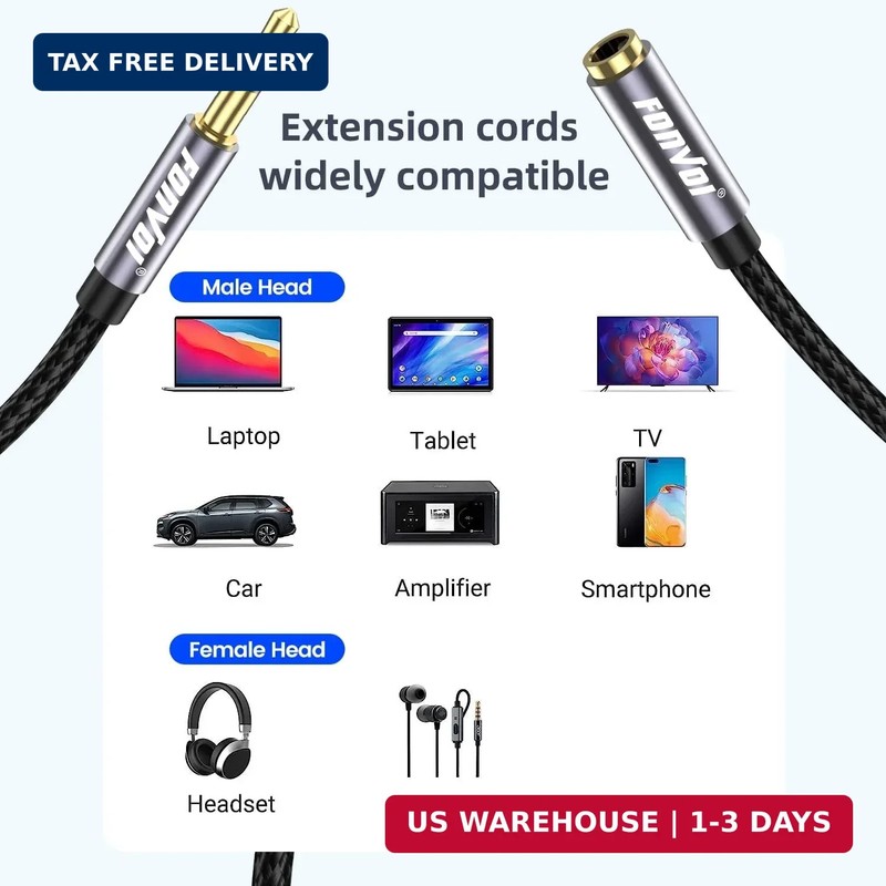 20FT 3.5mm Aux Jack Audio Extension Cable,Male to Female,TRS Headphone Extension gallery