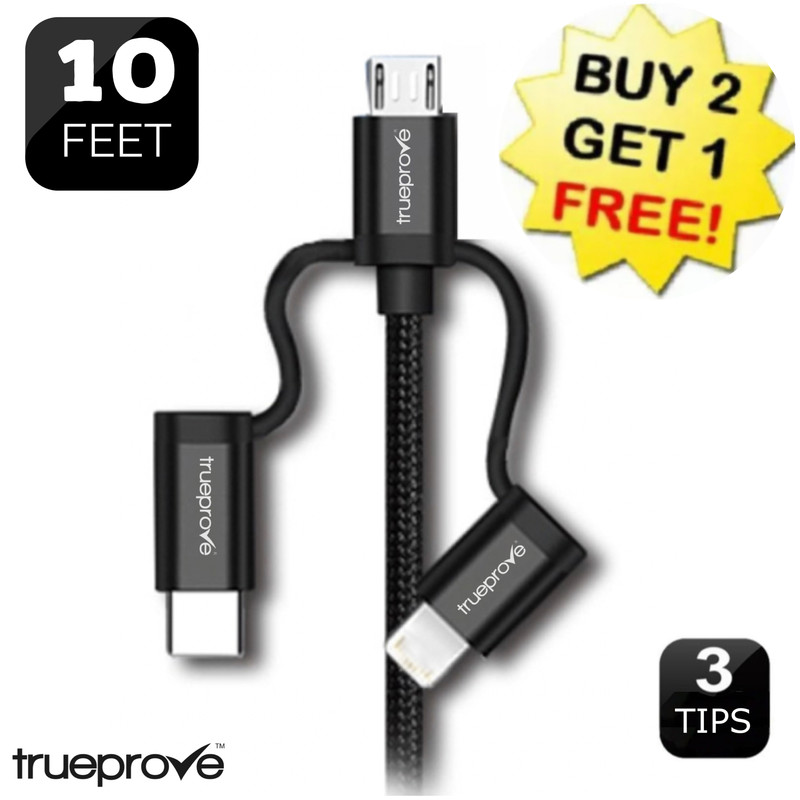 🆕10FT 3 in 1 USB Micro Type C Fast Charging Cable for iPhone Tablet Cord Charge