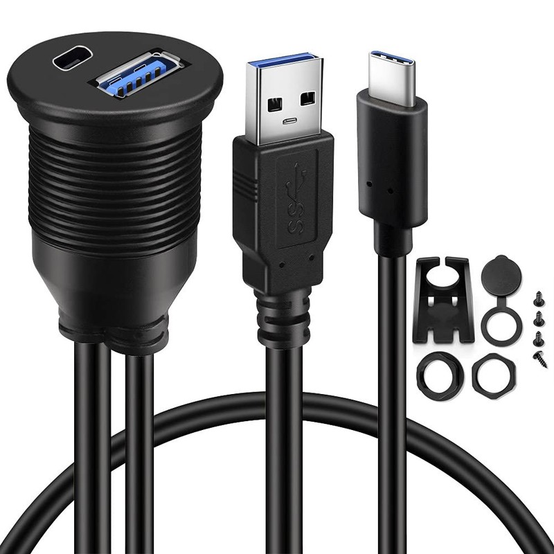 Type C 3.1 and USB 3.0 Car Mount Flush Cable Male to Female Waterproof Extens...
