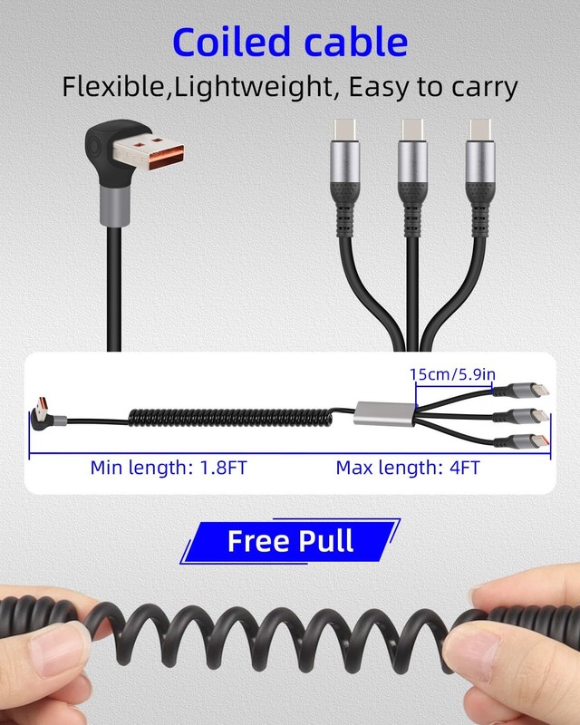 66W Coiled 90 Degree Right Angle Multi USBC 3in1 Charging Y Splitter Cable gallery