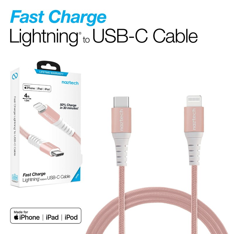 Naztech Braided Fast Charge MFi Lightning to USB-C Cable - Rose Gold gallery