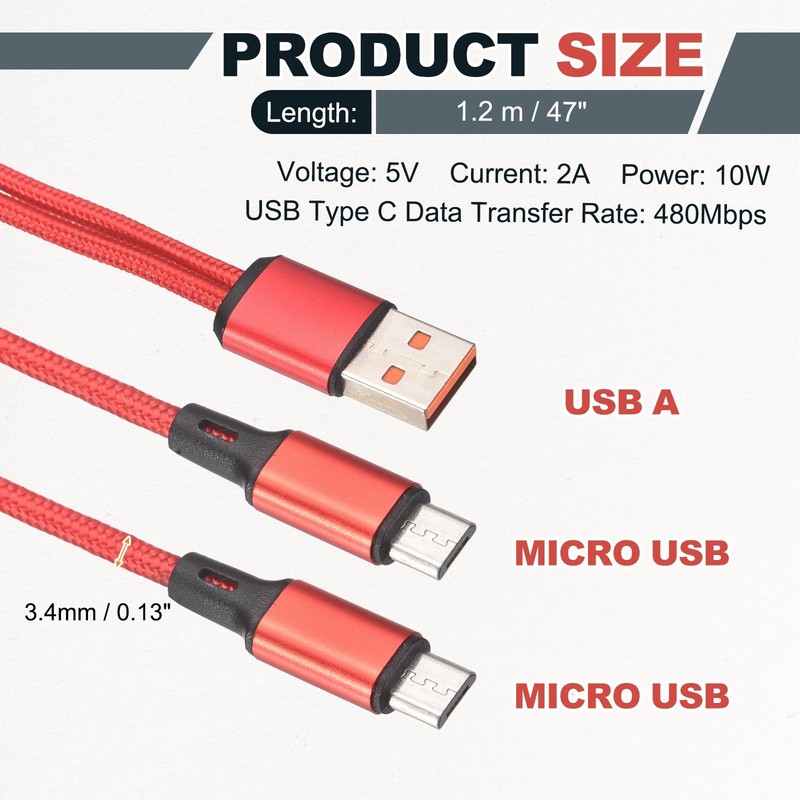Multi USB A to 2 Micro USB 2 in 1 Splitter 47", Red gallery
