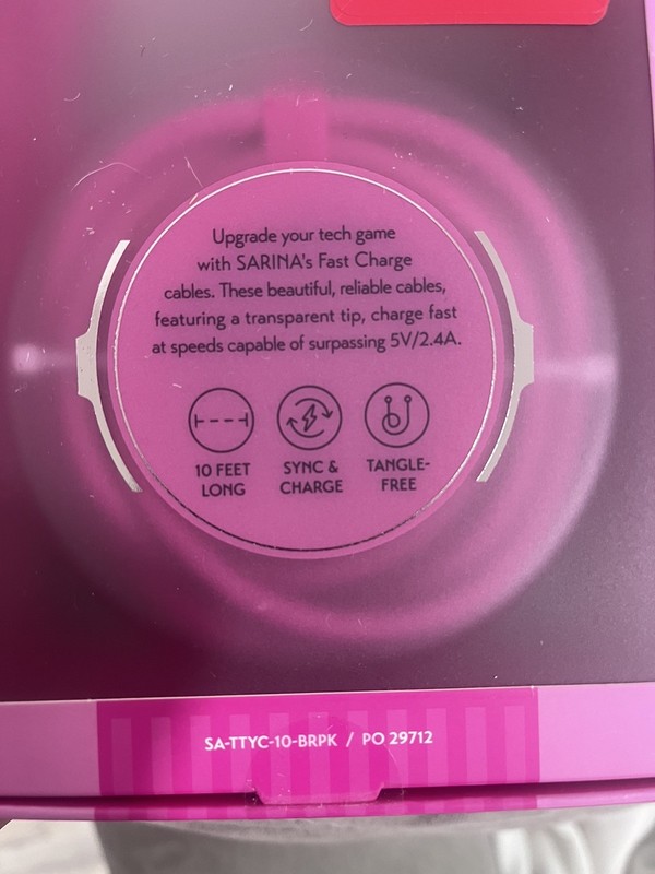 Sarina 10 ft Fast Charger Cable USB-C to USB-C Tangle Free PINK - FREE SHIP NIB gallery