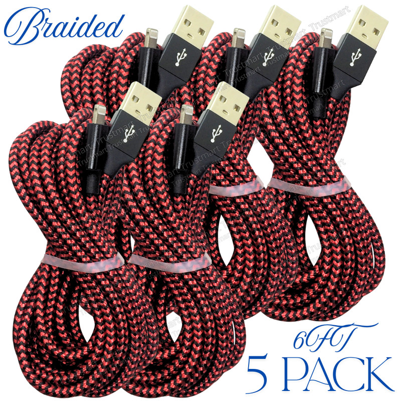 5 Pack 6Ft USB Charger Cable Braided For Apple iPhone 12 11 XR 8 7 Charging Cord
