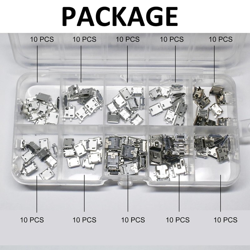 100 Pcs 10 Types Micro USB Female Connector Set, 5-Pin Micro USB Ports for Re... gallery