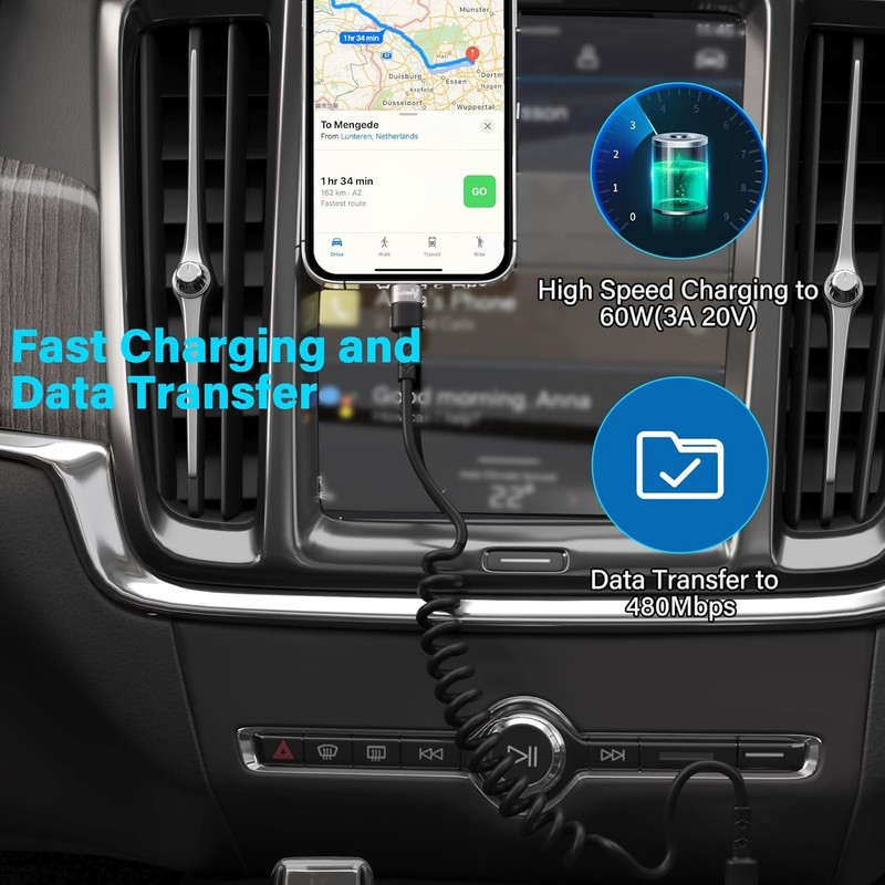 Retractable Coiled USB A to Type C Car Cable - 2FT for iPhone & Android Devices gallery
