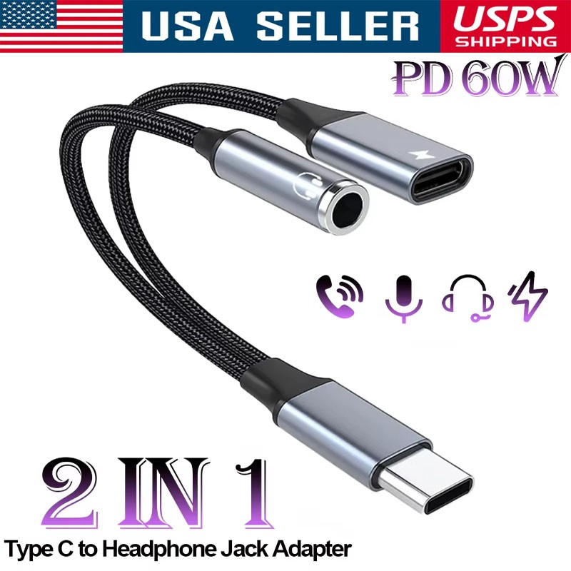 2 in 1 Type-C USB C to 3.5mm AUX Audio Headphone Jack Adapter Charger Cable