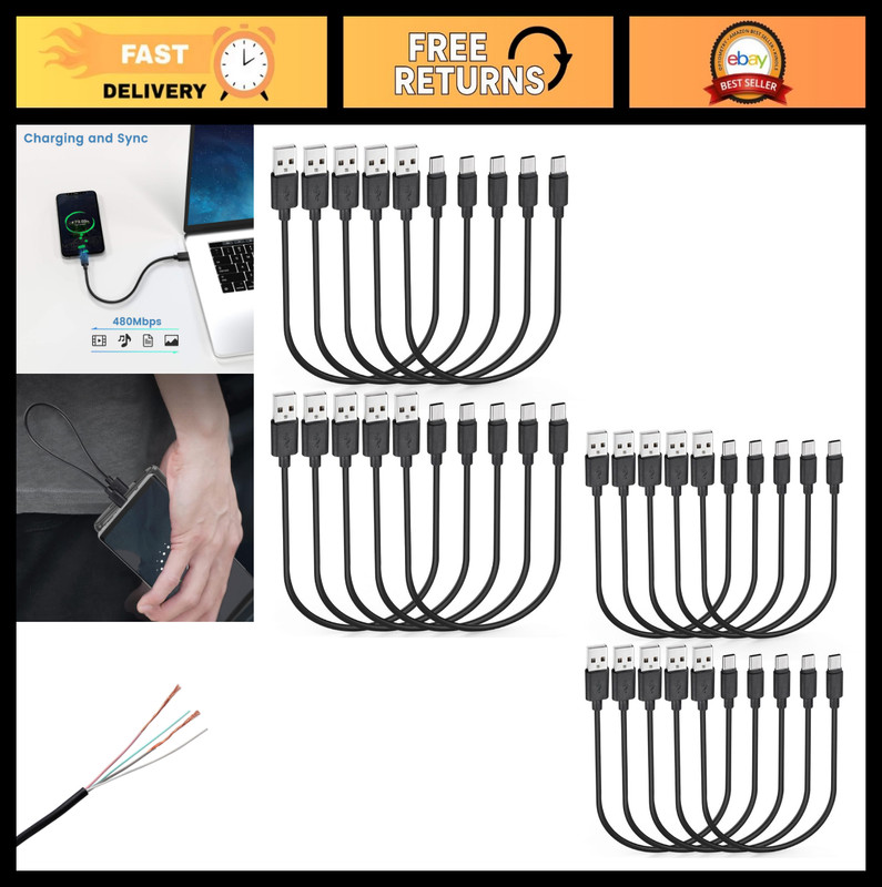 20-Pack USB C Cable 1ft Fast Charging Cord, USB A to Type C, Bulk Multipack, Bla