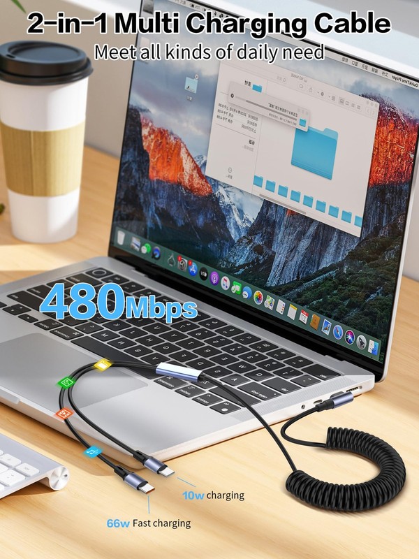 2 in 1 Coiled USB Charging Cable 90 Degree Fast Charger Spring 2 Type C Cord gallery