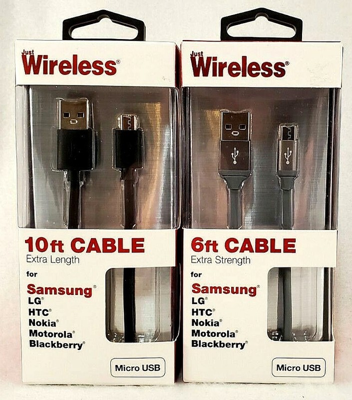 (2) Just Wireless Micro USB Cables 6ft and 10ft Samsung LG Motorola Brand New!