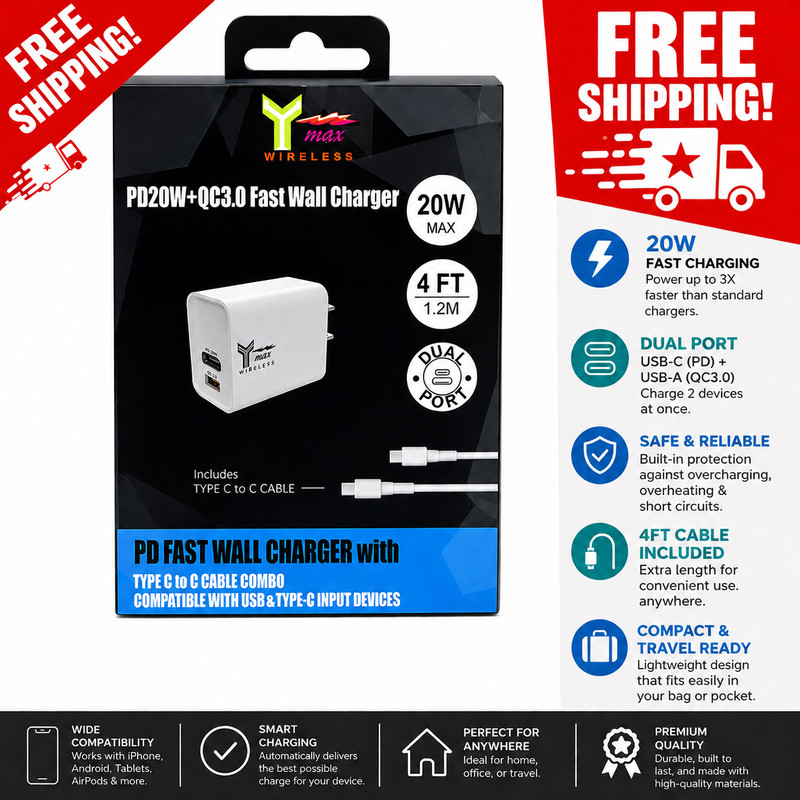 20W PD Fast Wall Charger – Dual Port (USB-C + USB-A) with Cable