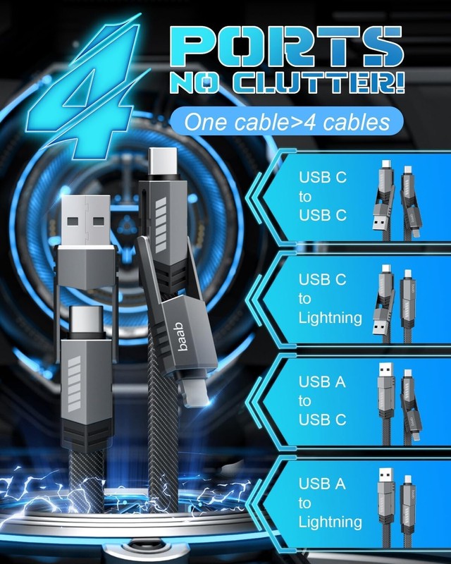 4 in 1 USB C Charging Cable, Multi L/Type C/USB A Port, 60W, 5ft gallery