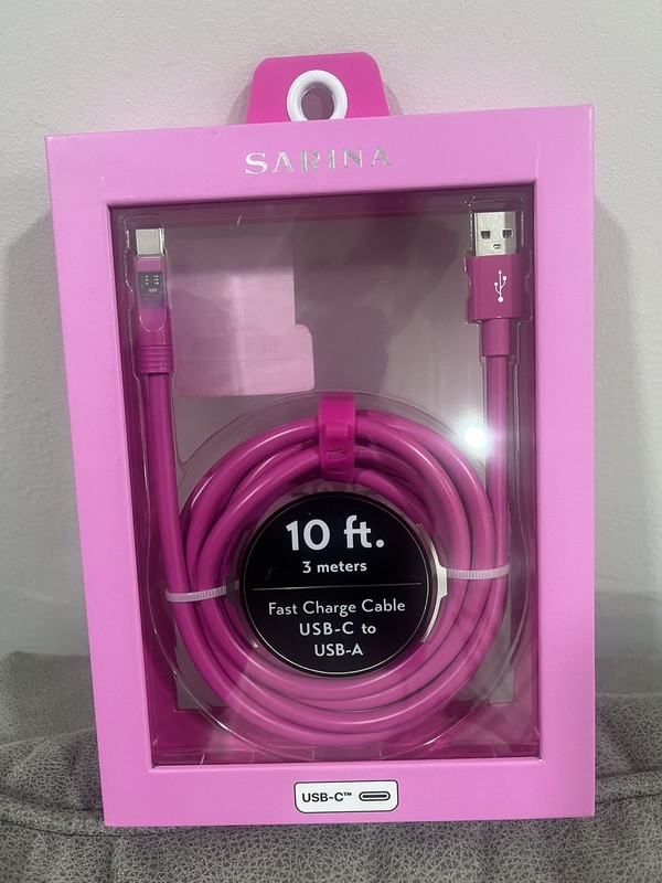 Sarina 10 ft Fast Charger Cable USB-C to USB-C Tangle Free PINK – FREE SHIP NIB