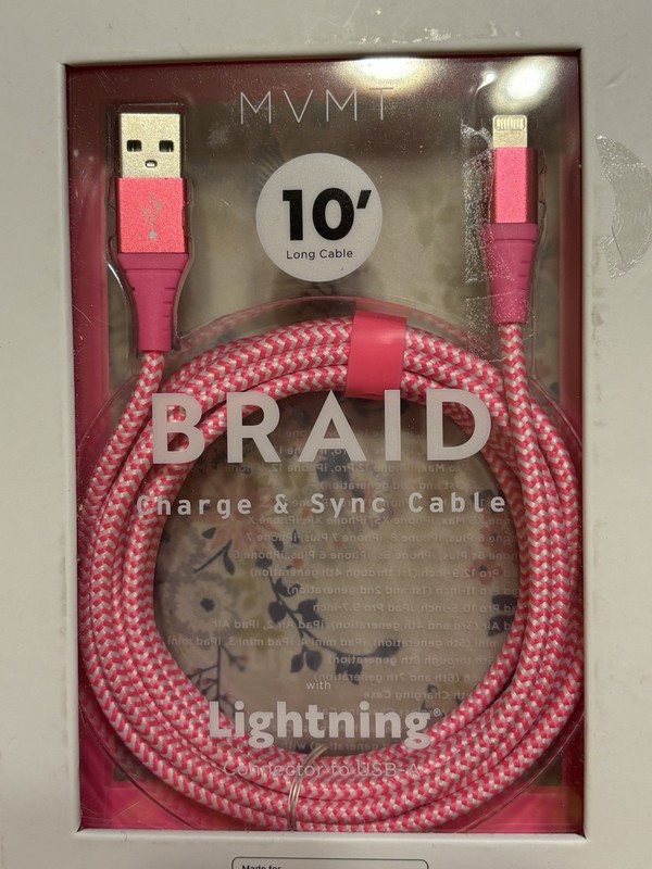MVMT 10ft Braided Pink Charge & Sync Cable USB-A for iPhone 14 13 12 11 etc