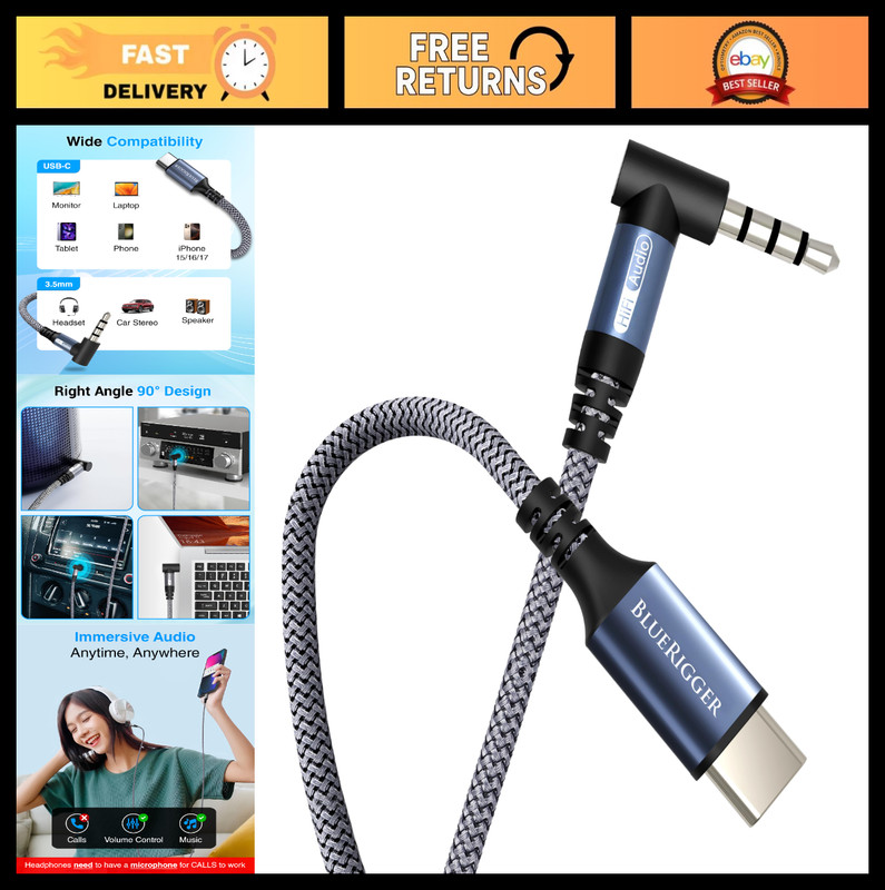USB C to 3.5mm Audio Cable 3FT – Right Angle AUX Cord for Phone, Tablet, Laptop