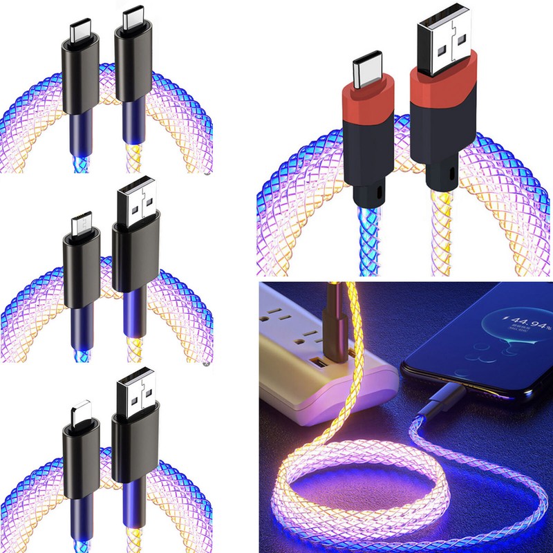 6A Fast Charging Data Cable RGB Dazzling Color Light for iPhone/Type-C/Android