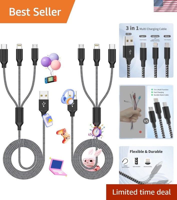 Universal 4FT Charging Cable Pack – 3-in-1 Solution for iPhone & Android Devices