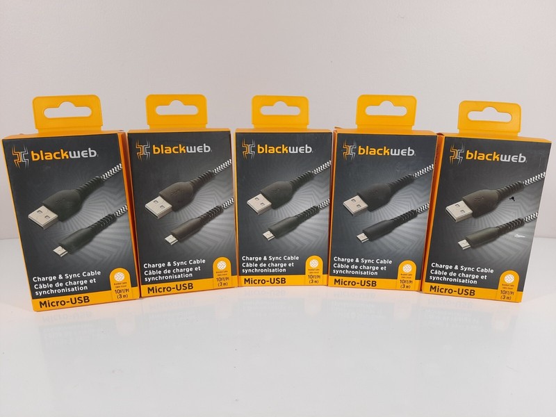 (5) BlackWeb Braided Charge & Sync Micro-USB Cable 10ft (3m) NEW Lot of 5