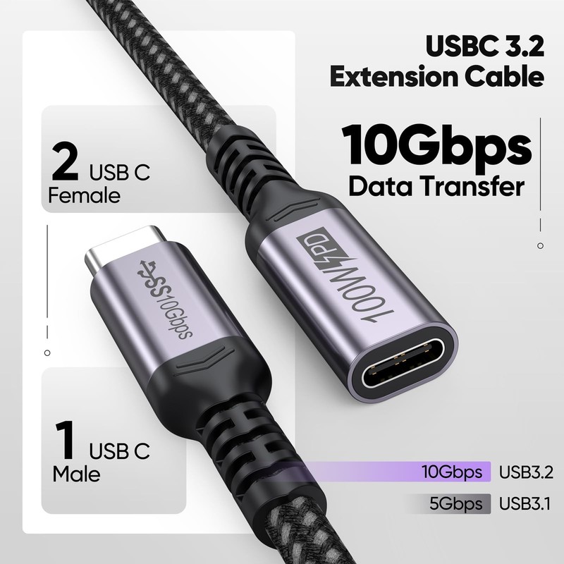 2 Pack USB C Extension Cable 6ft USB3.2 Gen2 Extender Male to Female 10Gbps gallery