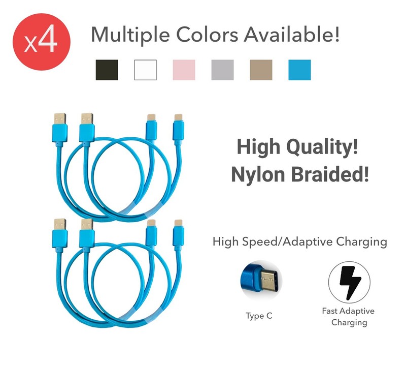 USB A to USB Type C Fast Charging Cable High Quality Nylon Braided (4 Pack) 3ft
