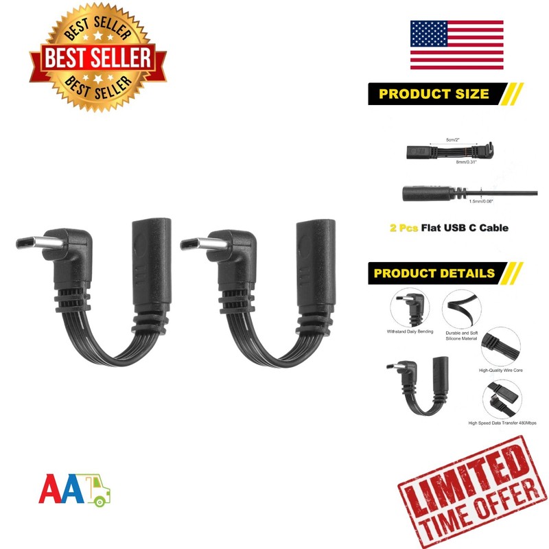 MECCANIXITY 2 Pcs Flat USB C Cable, 2 Inch 90 Degree Male to Female Adapter S…