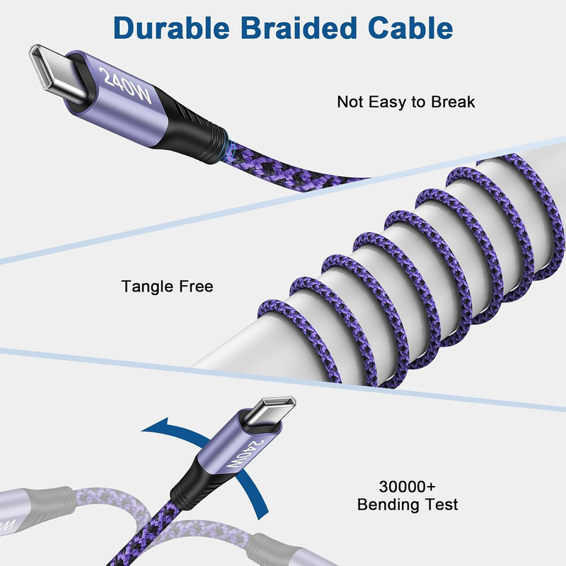 240W Fast Charging USB C to C Braided Cable 10ft for Samsung & iPhone 17 Pro Max gallery