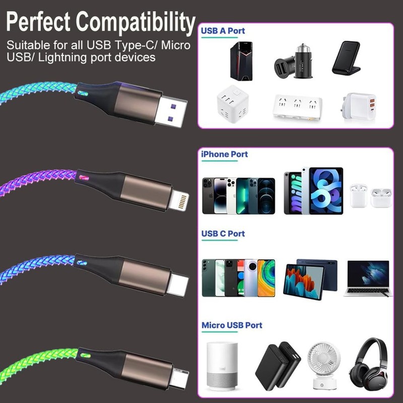 LED Light Up 3 in 1 Multi Charging Charger Cable Cord Iphone Android Type C USA gallery