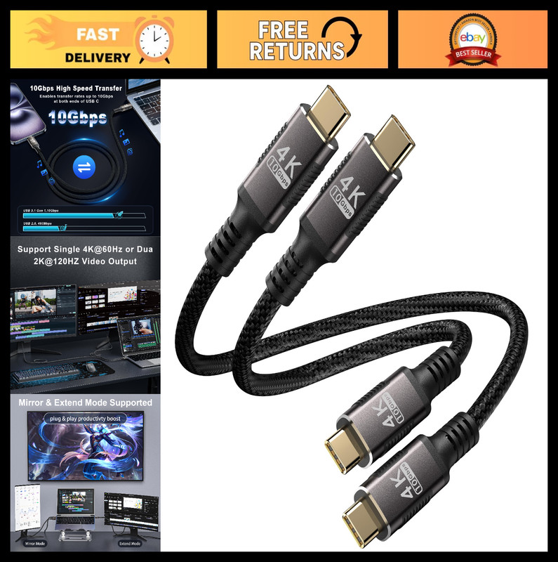 6″ USB C Cable 0.5ft 2-Pack, 10Gbps Data Transfer, 4K/2K Video Output, Fast Char