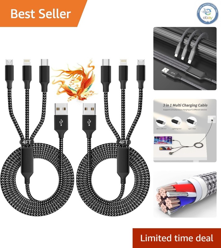 Lightweight 2-Pack 4FT Braided USB Charging Cable: Tangle-Free 3 in 1 Solution