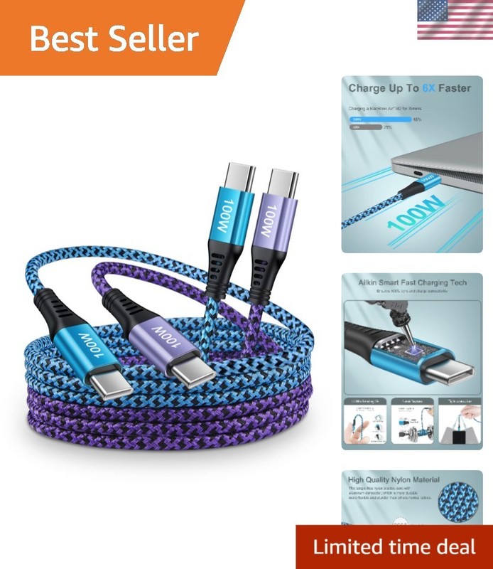100W USB C Charger Cable 2Pack 6ft Blue Purple