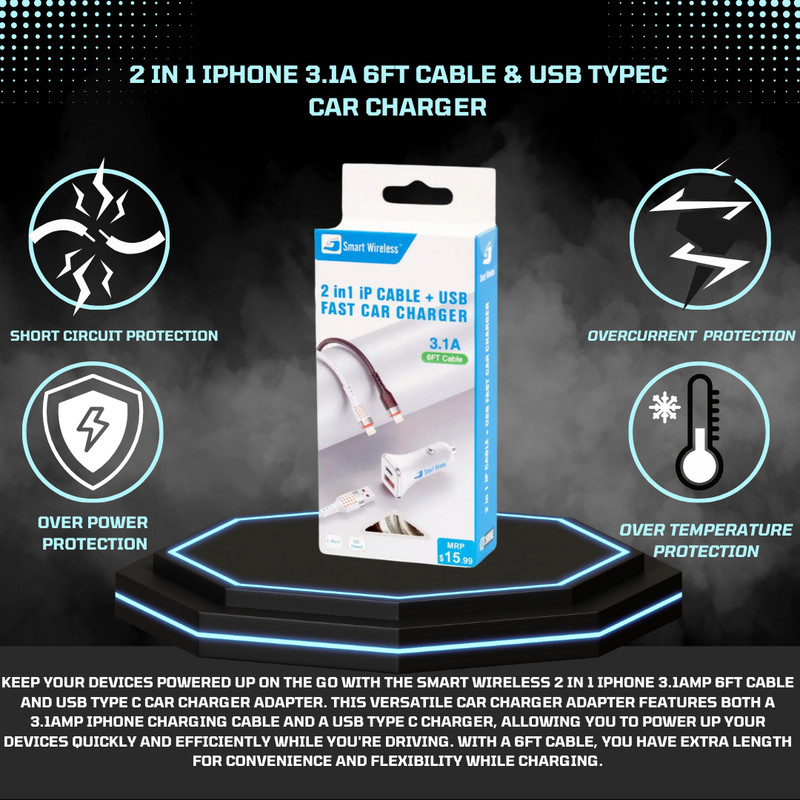 Pack of 12 2 in 1 iPhone 3.1A 6Ft Cable & USB TypeC Car Charger Adapter Lot