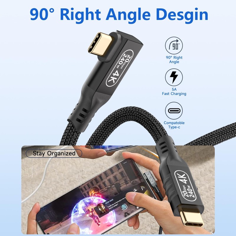10ft USB C Cable, Braided Type C Right Angle Fast Charging Cord, 240W, 20Gbps Da gallery