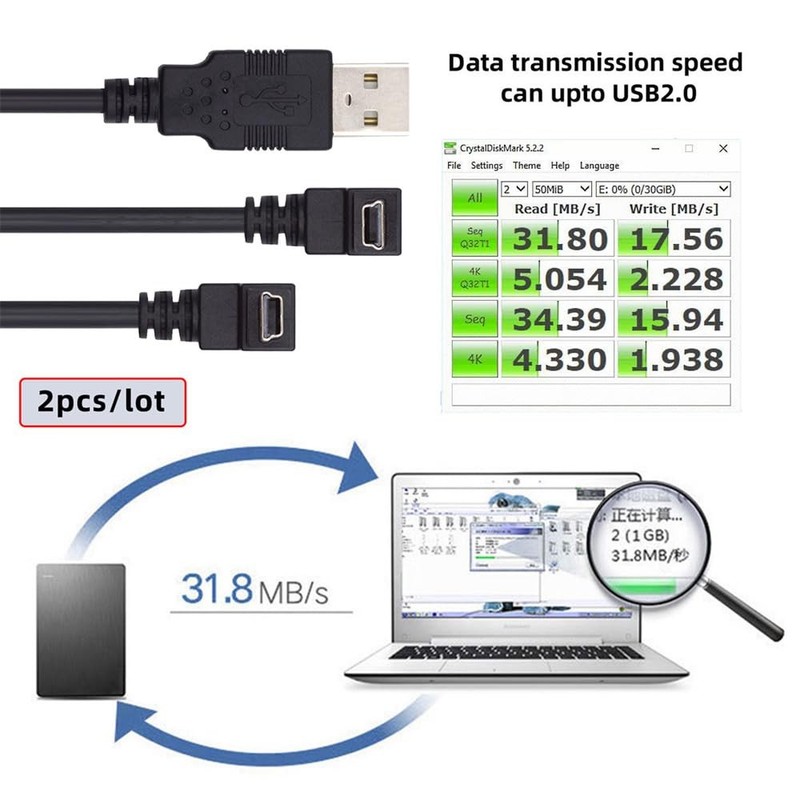 2 PCS Mini USB B Type Down Up Angled 90 Degree To USB 2.0 Male 50cm Cable gallery
