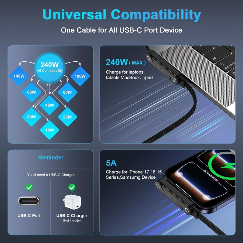 Invisible Stand Charger Cable 240w Fast Charging USB C to C Braided Black gallery