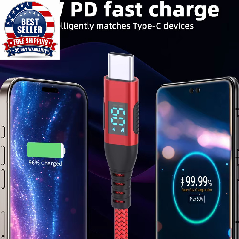 High Quality 1PC USB to Type C Cable 60W Fast Charging Charger Wire LED Display gallery