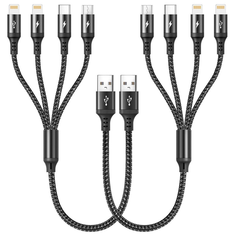 Short Multi USB Charging Cable 2-Pack 1FT 4-in-1 Fast Charger Cord Braided