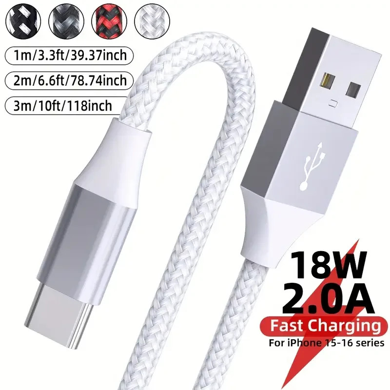 1PC 3PCS USB A to Type-C Cable Nylon Braided Cable 18W 480Mbps Compatible for iP gallery