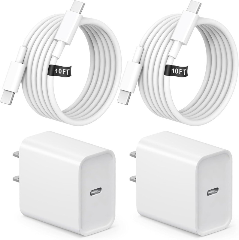 20W 2 Pcs Fast Charging USB C Charging Block & 2 Pcs Type C 10FT Cable (White)