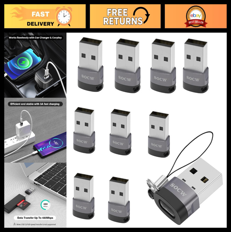 USB C to USB Adapter 2.0 – Female to Male Connector, 10 Pack, Grey, Fast Chargin