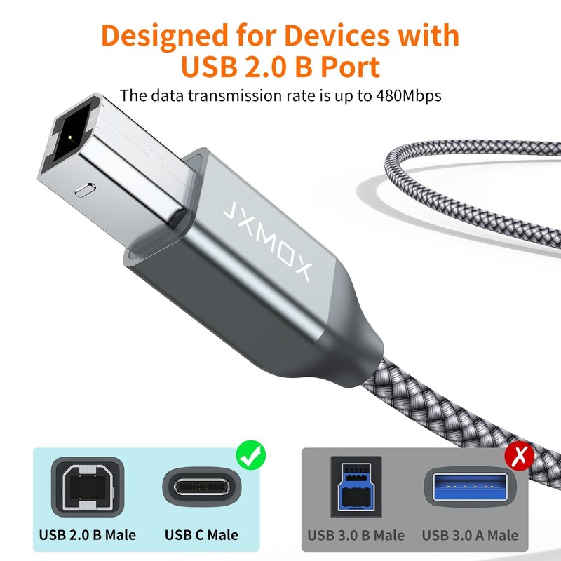 USB B to USB C Printer Cable, (6.6ft 2-Pack) Nylon Braided USB B to C Cord, U... gallery